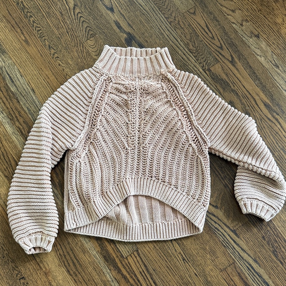 Loved and washed in all cotton Free People Blush Cable Knit Turtleneck Sweater